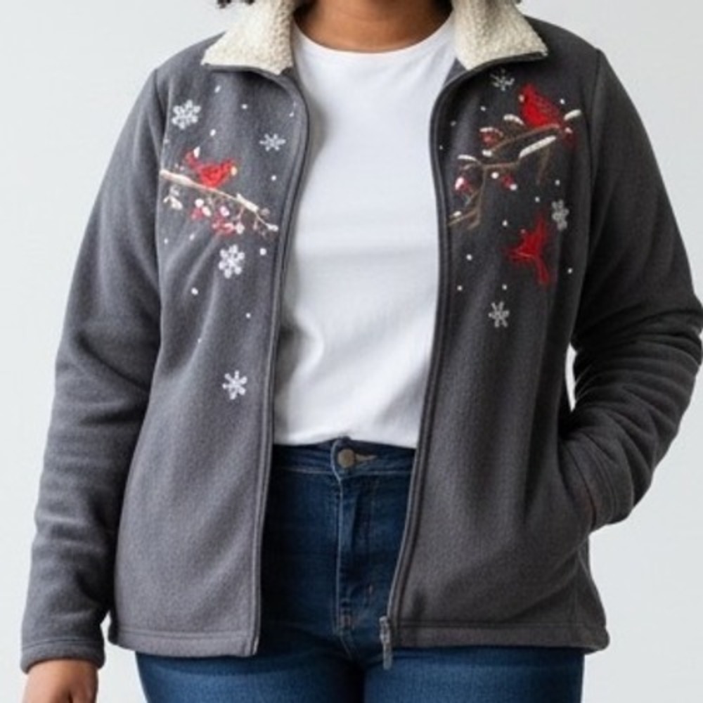 Breckenridge Fleece Jacket 1X Gray Full Zip Embroidered Cardinals grandma core